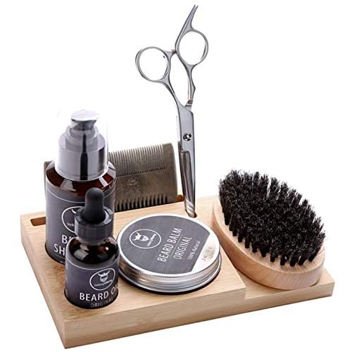 Striking Viking Bamboo Beard Kit for Men - 7.3 in x 4.5 in x 1 in - Portable Grooming Caddy Organizer for Beard Balm & Oil Products - With Scissors & Comb Brush Holder