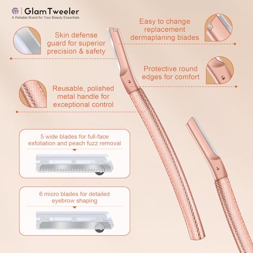 Women's Dermaplane Face & Eyebrow Razor Kit with GlamTweeler Slant Tweezers, Spoolie Brush, and Luxury Leather Storage & Travel Case + 10 Refill Blades (Rose Gold)