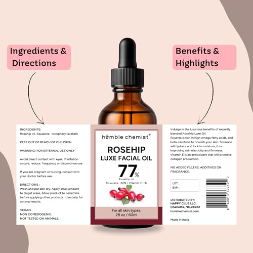2in1 Rosehip Luxe Face Oil, 77% Rosehip Oil with Squalane and Vitamin E