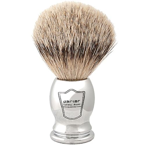 Parker 100% SILVERTIP Badger Shaving Brush ? Chrome Handle & Stand ? Premium 3-Band Badger Bristles for Smooth, Luxurious Lather