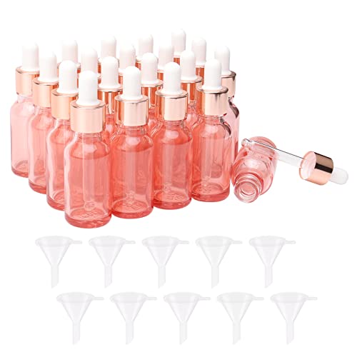 JIUWU 20Pcs 20ml Glass Dropper Bottles, Pink Sample Dropper Tincture Bottles Vials with Glass Eye Pipette for Essential Oil Perfume Scent Liquid