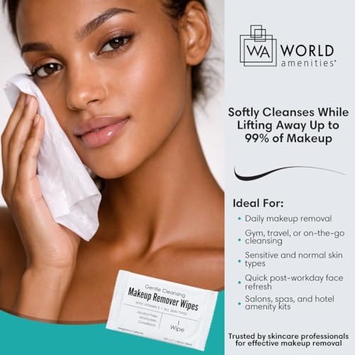 World Amenities - Makeup Remover Wipes - Alcohol Free - Vitamin E Face Wipes for Sensitive Skin Comfort - Individually Wrapped - Travel Friendly Facial Cleansing Wipes - 50 Count