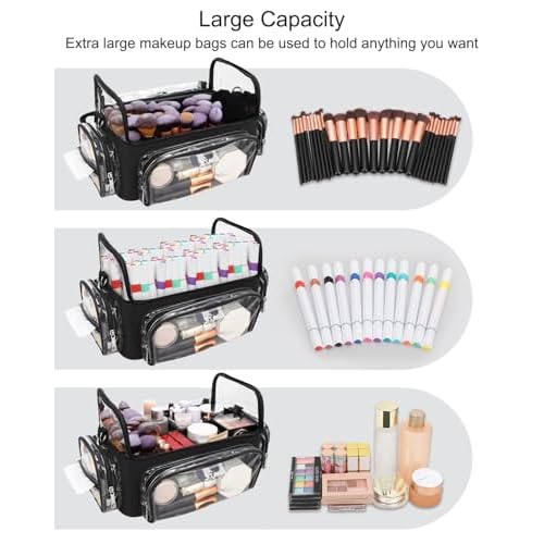 TANTO Makeup Brush Case, Clear Extra Large Cosmetic Organizer Holder Professional Makeup Artist Train Case with Adjustable Dividers&Strap Portable Makeup Brush Holder (02A-Black£¨XX Large£©)