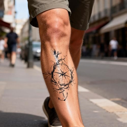 Semi Permanent Tattoos, 2 Sheets Large Realistic Compass Bird Anchor Rose Temporary Tattoos for Women Men Couple, 2 Weeks Wrist Arm Calf Fake Tattoos, Waterproof & Non-Reflective