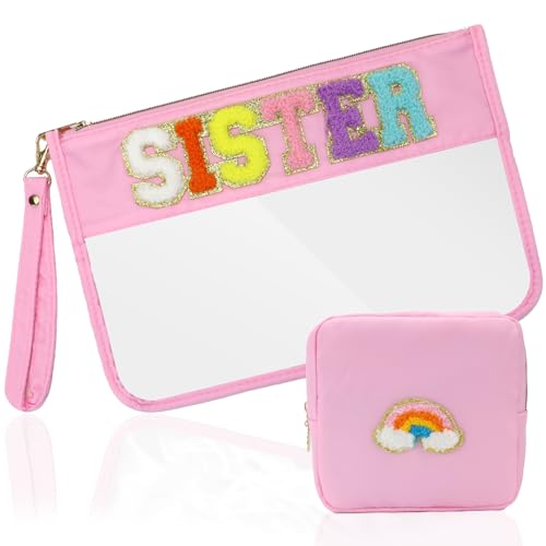 2 Pcs Big Sister Gifts Cosmetic Makeup Bag with Chenille Letter Patch,with Handles PVC Waterproof Clear Makeup Bag,Portable Toiletry Storage Bag