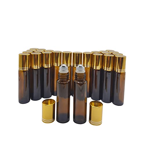 24 Pack Essential Oil Roller Bottles, 10ml Amber Glass Roll-on Bottles with Stainless Steel Roller Balls and Gold Cap