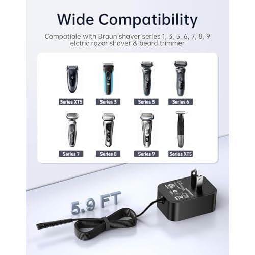 WUKUR 12V Charger Compatible with Braun Shaver Series 3/7/5/1/9, Charging Cord for Braun Electric Razor Shaver Trimmer 3040s, 310s, 340S, 5190cc, 5040s, 740S, 7865, 9290cc, 9095cc Replacement Adapter