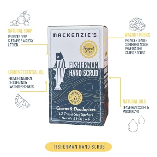MACKENZIE'S Fisherman Hand Scrub Travel Size Packets - Holiday Gifts for Men - Christmas Gifts for Fisherman - Stocking Stuffer - Gifts for Cooks - Cleansing & Deodorizing - 12 count .33 OZ Packets