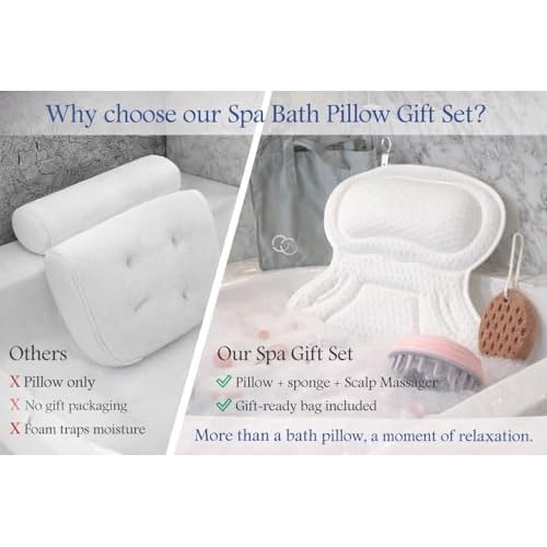 Bath Pillows for Tub, Bathtub Pillow Gift Set: 4D Air Mesh Cushion for Head & Neck, Spa Relaxing Accessories, Plus Bag, Bath Sponge & Scalp Massage Brush, Gift for Woman, by CLUB CONNEXION