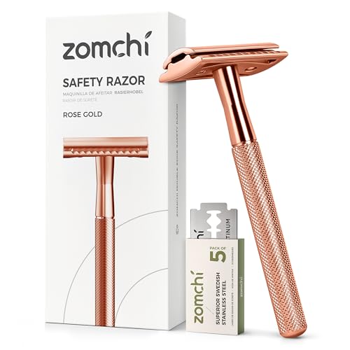 ZOMCHI Safety Razor for Men&Women with 5 Double Edge Safety Razor Blades, Double Edge Razor, Reusable Razor, Plastic Free ? Rose Gold