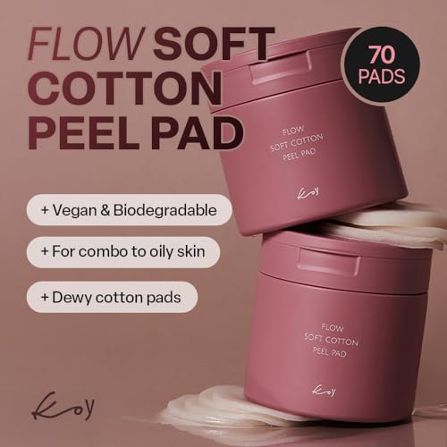 KOY Flow Soft Cotton Peel Pad 70 sheets / 5.07 fl oz | Gentle Daily Exfoliating Pads with PHA & Botanical Extracts | Smooth & Radiant Skin