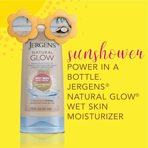 Jergens Natural Glow In Shower Lotion, Self Tanner for Medium to Deep Skin Tone, Sunless Tanning Wet Skin Lotion for Gradual, Flawless Color, 7.5 Ounce (Packaging May Vary)