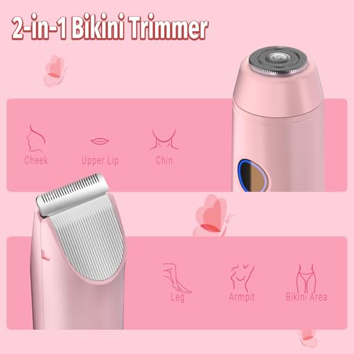 2-in-1 Bikini Trimmer for Women, Bikini Shaver with Dual Heads, Body and Facial Hair Removal, Cordless Rechargeable Electric Razors for Face Chin Pubic Underarm Legs, IPX7 Waterproof, Pink