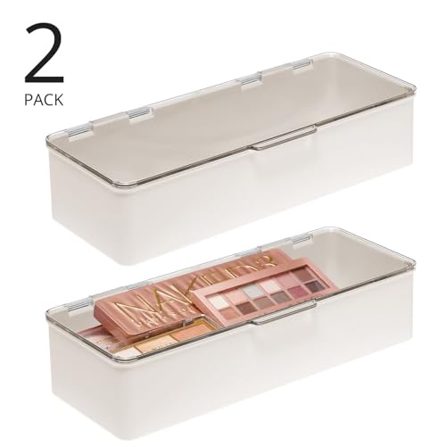 mDesign Long Plastic Cosmetic Storage Organizer Box Containers, Hinged Lid for Bedroom, Bathroom Vanity Shelf or Cabinet, Holds Masks, Palettes, Lotion, Nail Polish, 2 Pack, Cream/Beige/Clear