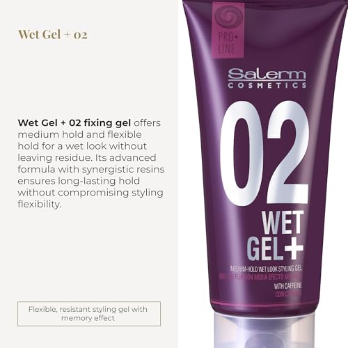 SALERM - Hair Styling Gel - Pro Line Wet Gel + 02-200 ml - Medium Hold - Wet Effect - with Caffeine and Fixative Resins - Leaves No Residue - Antioxidant and Energizing Effect - Quick Drying