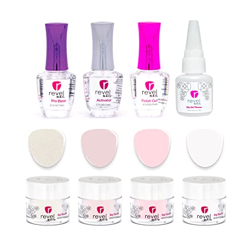 Revel Nail Dip Powder Starter Kit, 4-Color French Manicure Set with Base Coat, Activator, Finish Gel & Gel Thinner, Made in USA