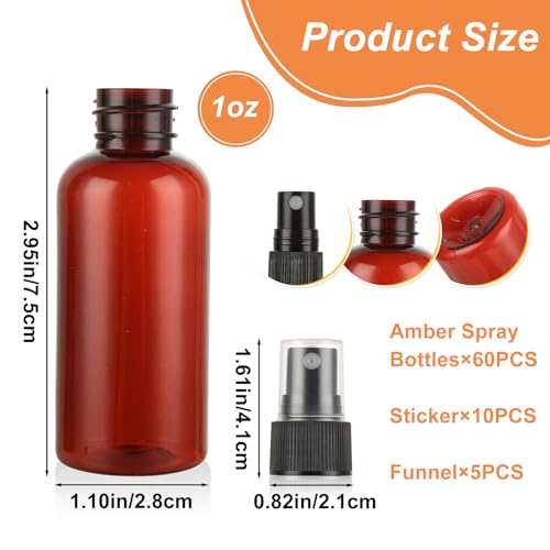 60 Pcs 1 oz Amber Spray Bottles with Sticker and Funnel, Anti-UV Fine Mist Mini Spray Bottles, Refillable Small Spray Bottle Travel Spray Bottle for Essential Oils and Various Liquids