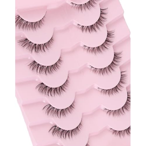 Jiocolor Cat Eye Lashes Wispy Fake Lashes C Curl Strip Lashes Natural Look Short Eyelashes Clear Band False Eyelashes 7 Pairs Pack ZT20