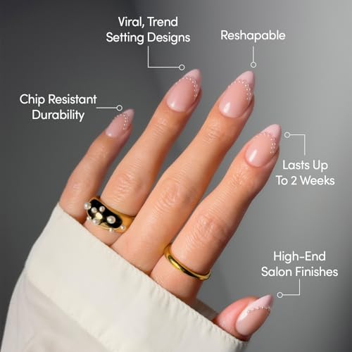 Glamnetic Press On Nails - Pink Me Up Spring Nails | Short Almond Fake Nails in Pastel Pink French Tips with 3D Pearls in a Glossy Finish, Salon Quality Nails | 15 Sizes - 30 Nail Kit with Glue