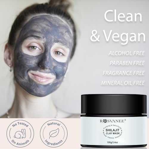 Detox Clay Face Mud Mask with Shilajit, Sunflower Oil, Tea Tree & Charcoal, Deep Purifying Cleansing Mask for Blackheads and Pores, Skin Soothing & Anti aging, Come with A Facial Sponge