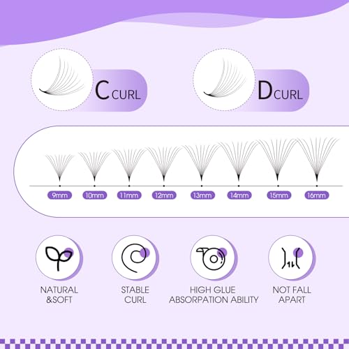 Wendy Lashes Premade Fans, 500PCS Professional Volume Eyelash Extensions,9-16mm Mixed Lengths, D Curl, Black Matte, Thin Base, Easy to Apply, Natural Soft Look