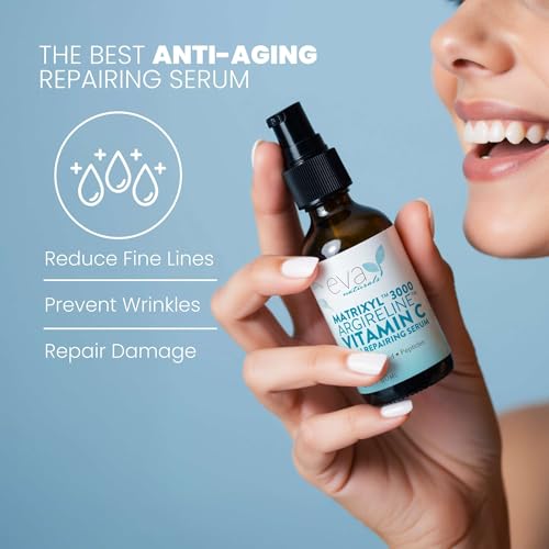 Eva Naturals Matrixyl 3000 & Argireline Peptide Serum for Face ? Anti-Aging Collagen Booster with Vitamin C & Hyaluronic Acid ? Reduces Appearance of Fine Lines, Smooths, Hydrates & Firms - 2 Fl Oz