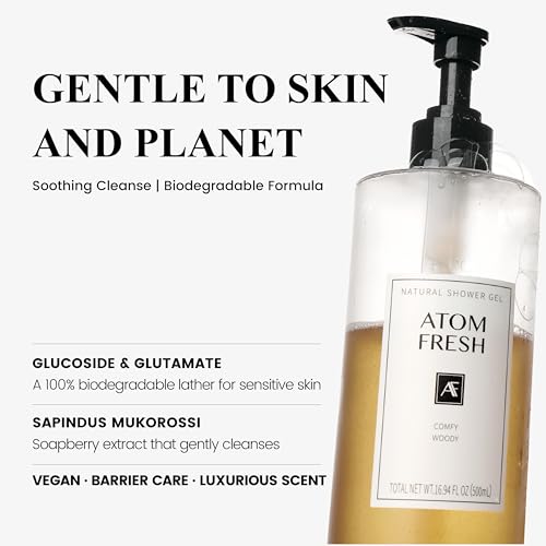 Atom Fresh Fine Fragrance Body Wash ? Comfy Woody Scent | Gentle Amino-Acid Cleanser with Oat, Soapberry & Vitamin E | Plant-Based & Sulfate-Free, 16.94 fl oz