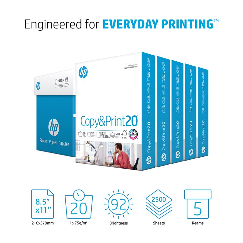 HP Copy & Print 20 Printer Paper - 8.5 x 11 Inches, 20 lb, 92 Bright White, 5 Reams
