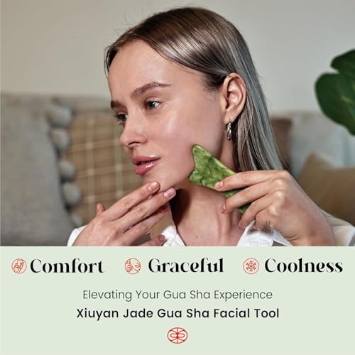Rena Chris Gua Sha Facial and Body Tools- Natural Jade Gua Sha Stone for Face Manual Massage with Exquisite Wooden Box, Jawline Sculpting and Puffiness Reducing, Whole Body Care Tool with Manual
