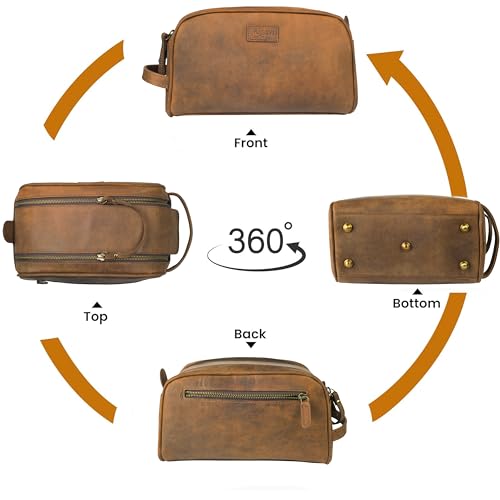 Rasavi Genuine Leather Travel Toiletry Bag, Handcrafted Vintage Water-Resistance Dopp Kit, Large Shaving & Bathroom Organizer - Gift for Men & Women - Distressed Brown