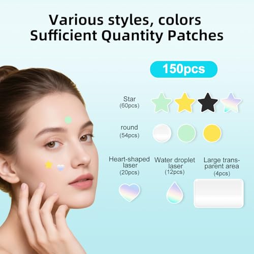 Pimple Patches for Face, Various styles, colors, Large Hydrocolloid Pimple Patches, 150 Count Pimple Patche, Good for blemishes with a head and visible gunk, With a Cute mirror case