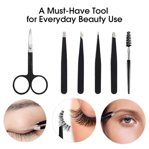 6 Pcs Tweezers Set ? Eyebrow Tweezers with Curved Scissors for Ingrown Hair, Hair-Plucking Daily Beauty Tools for Women, with Leather Travel Case
