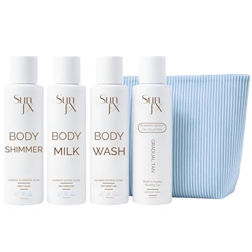 SunFX Travel Pack 4 Piece Self Tan & Body Care Kit with Gradual Tanning Lotion, Shimmer Lotion, Body Milk