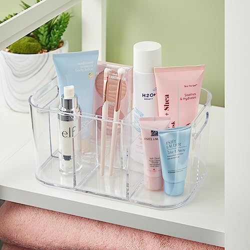 STORi Bliss 10" x 6" Clear Plastic Bin 3-Piece Bundle, 5-Compartment (1) & Open Compartment (2), Makeup Bins & Vanity Caddy, Made in USA
