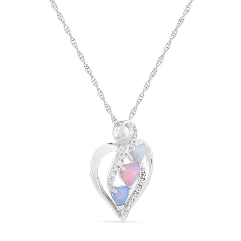 Sterling Silver Opal Heart Pendant Necklace with Simulated Diamonds - 18 Inch Chain