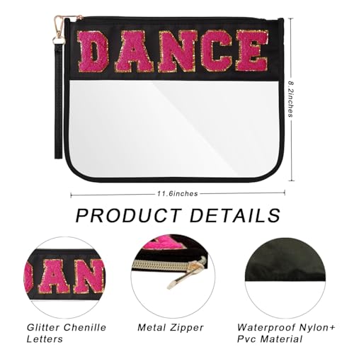 2PCS Dance Makeup Bag Ballet Competition Accessories Chenille Letter Preppy Patch Cosmetic Bag Flat Clear Toiletry Waterproof Zipper Pouch for Women Teacher Appreciation Gifts (Black)