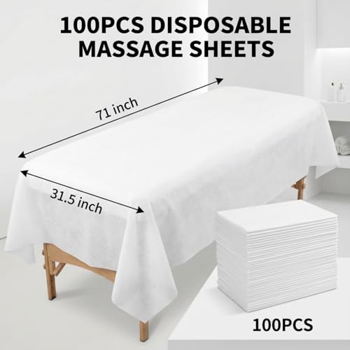 100PCS Disposable Massage Table Sheets, 31.5" x 71" White Non-Woven Bed Sheets, Fluorescent Agent Free, Soft & Tear-Resistant, for Beauty Salon, Spa, Tattoo, Facial, Hospital Exam, Travel