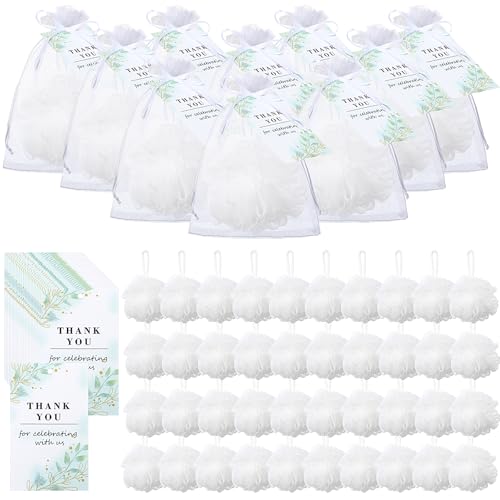 50 Sets Wedding Gifts for Guests Baby Shower Party Favors 40g White Loofah Bulk Thank You for Celebrating with Us Cards and White Organza Bags for Wedding Bridal Shower Stuffers