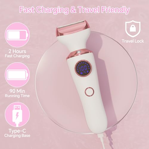 Electric Razor for Women, 4-in-1 Bikini Trimmer & Body Shaver for Face, Legs, Underarms, Pubic Hair, Rechargeable Wet/Dry Painless Hair Removal with LED Light & Travel Lock