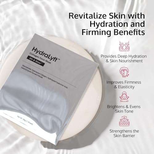5th & Glow HydraLyft - Collagen Face Mask - Collagen Hydrogel Mask with Hyaluronic Acid & Niacinamide - Deep Hydration, Anti-Aging & Firming Collagen Mask for a Youthful, Glass Skin Glow - 4 Sheets