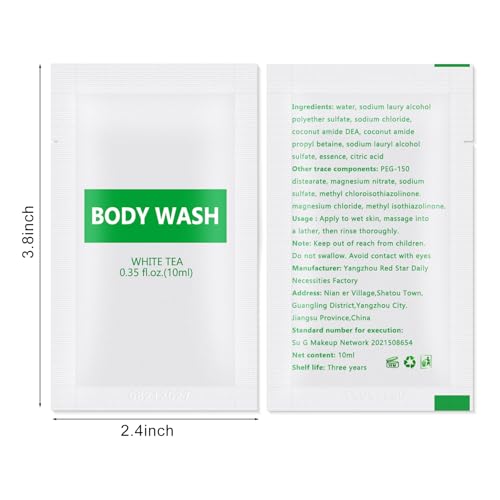 500 pack Travel Size Body Wash Bulk Individually Wrapped - Refreshing Mini Shower Gel Single Use Supplies for Homeless Care Hotel Guests, White Tea Scent,0.35 fl oz/10ml