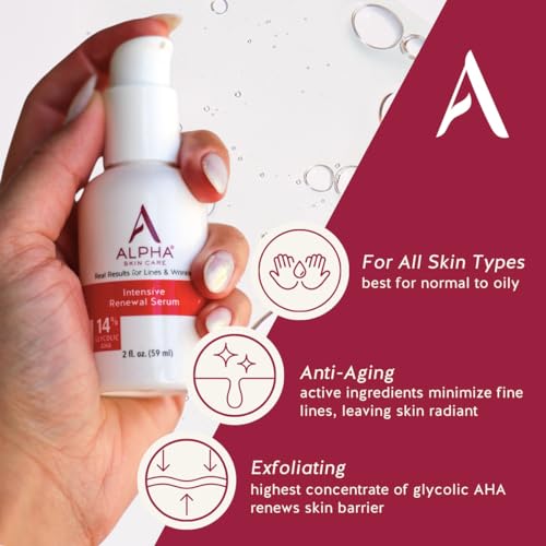 Alpha Skin Care Renewal Serum, 14% Glycolic AHA, Anti-Aging Formula, Reduces Lines & Wrinkles, Alpha Hydroxy Acid Exfoliates & Evens Skin Tones, Rejuvenates & Hydrates, 2 Oz, Pack of 3