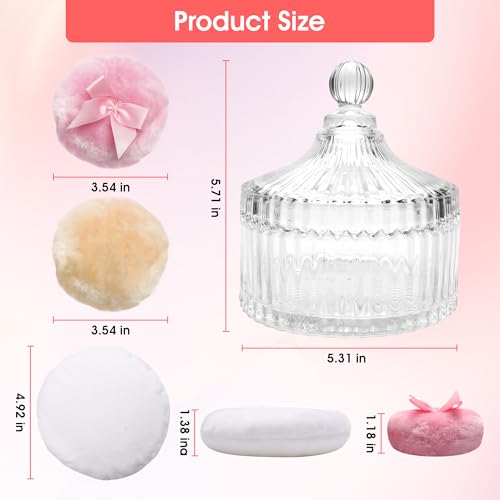 4Pcs Body Powder Puff and Container, 5.31" Crystal Powder Container with 3 Soft Large Powder Puffs, Dusting Powder Container with Puff for Face and Body, Washable Reusable Makeup Puff