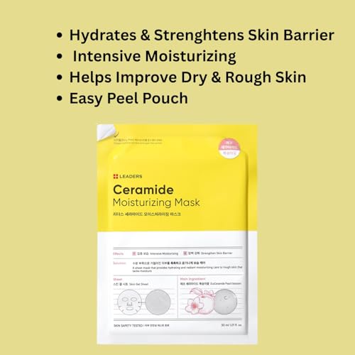 LEADERS Insolution Ceramide Moisturizing Mask - Hydrates, Moisturizes, Nourishes Rough & Dry Skin | Strengthens Skin Barrier, Easy Peel Pouch, Safe & Gentle for All Skin Types - 10 Sheets