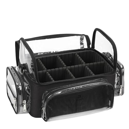 TANTO Makeup Brush Case, Clear Extra Large Cosmetic Organizer Holder Professional Makeup Artist Train Case with Adjustable Dividers&Strap Portable Makeup Brush Holder (02A-Black£¨XX Large£©)