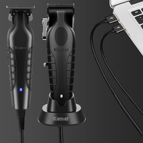 KEMEI Professional Hair Clipper and Hair Trimmer for Men, Cord/Cordless Hair Cutting Kits, Zero Gapped Beard Trimmers, T Blade Barber Clippers with USB Rechargeable, KM-2299, KM-2296