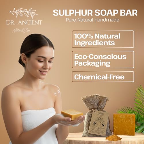 Dr.Ancient Sulphur Soap Bar Organic Natural Vegan Traditional Handmade Antique - Antibacterial, Effective For Acne - Absolutely No Chemicals! Pure Natural Soap! 5 Ounce (Pack of 2)