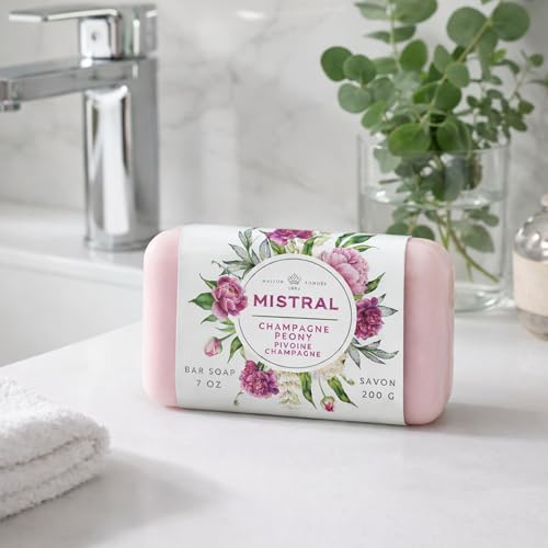 Mistral Classic French Bar Soap, Champagne Peony, 7 oz - Triple-Milled Luxury Natural Soap with Organic Shea Butter & Olive Oil | Long-Lasting Moisturizing Body Soaps for Women & Men (Pack of 2)