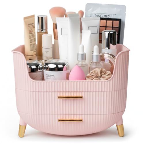 Makeup Organizer with Drawers, Skincare Storage Box for Vanity, Multiple Compartments, Portable Cosmetic Display Case with Handle, Large Make up Organizers for Dresser, Bathroom, Bedroom, Pink