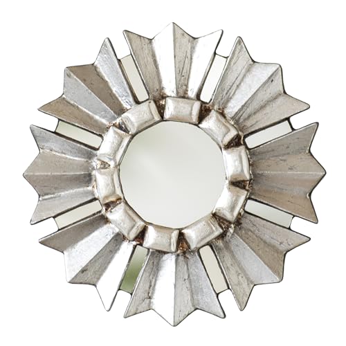 Small Round Wall Mirror with Silver Leaf Frame 6in -Peruvian Sun Design - Handmade Wood Hanging Mirror Decor